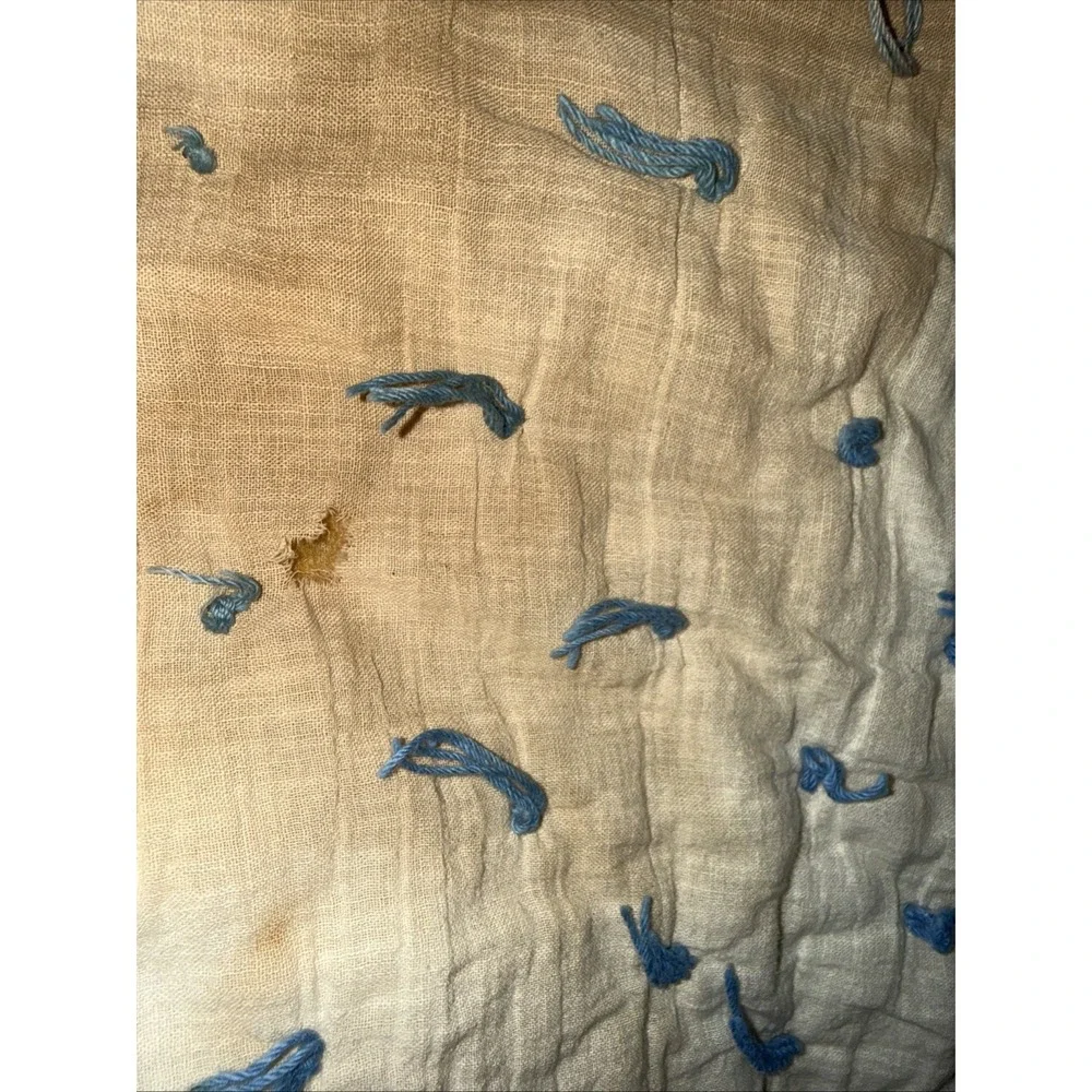 Vintage Cream W Blue Ties Quilt Blanket 68X65 In Significant Stain Areas Hole